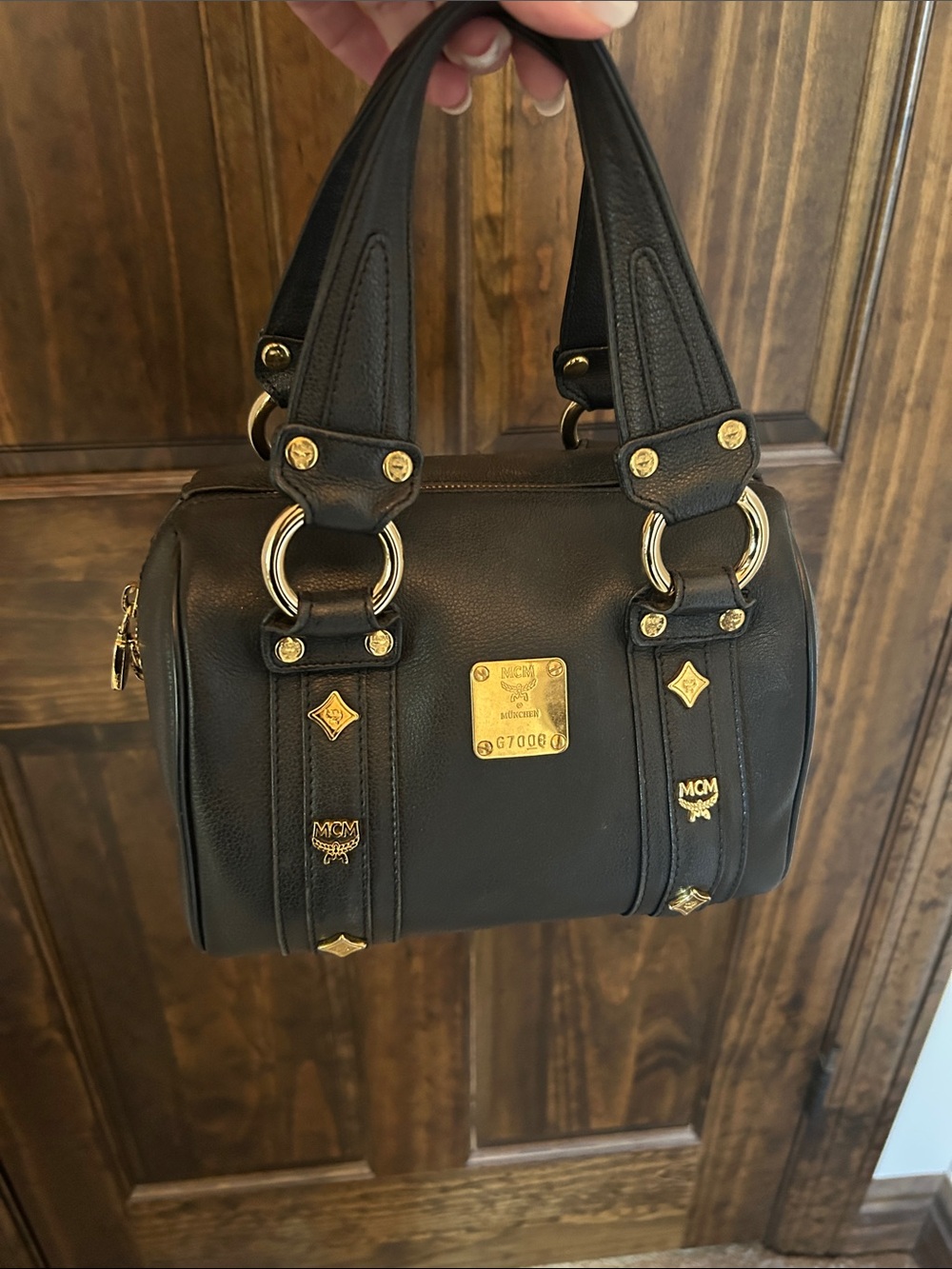 MCM Black Leather Mini Satchel with Gold Hardware